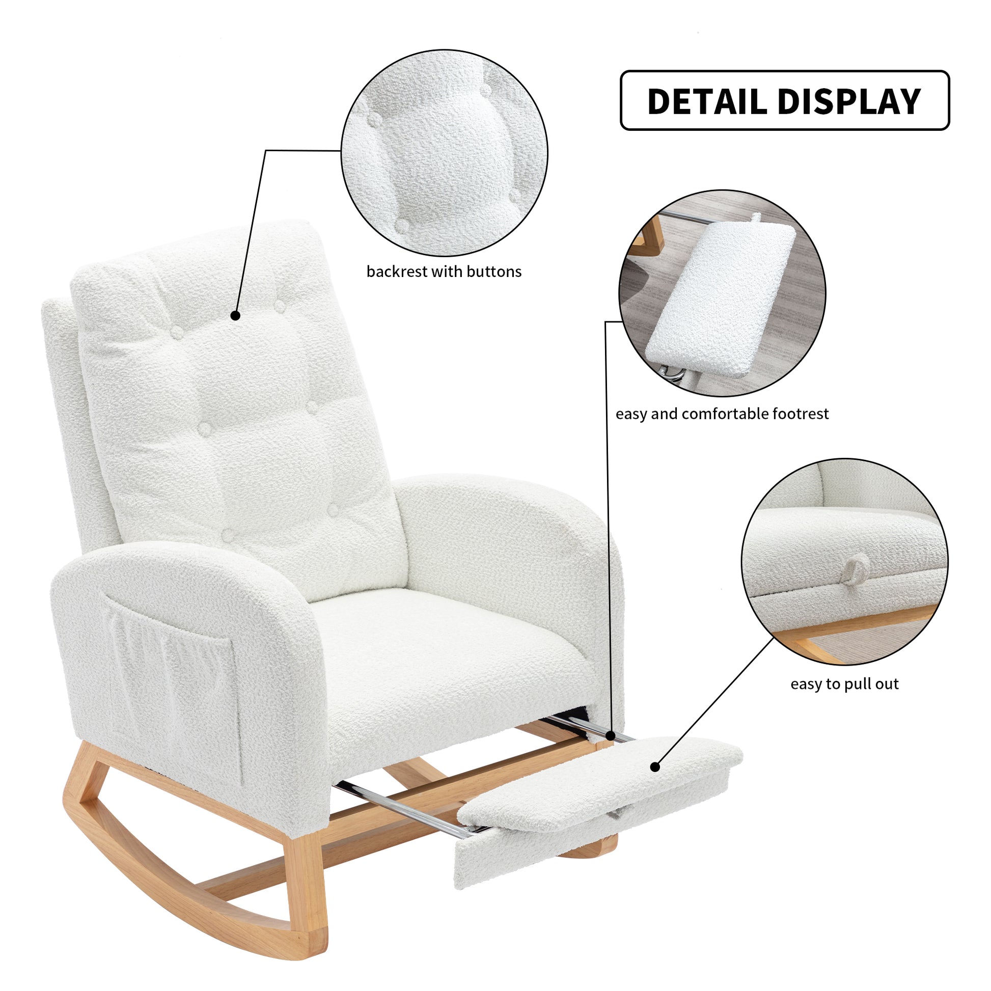 White textured rocking chair with tufted back and pullout footrest
