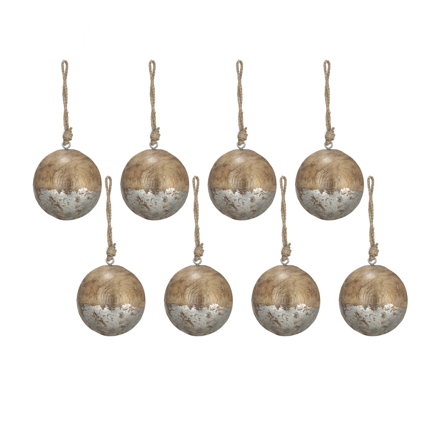 Set of eight rustic wooden ball ornaments with silver distressed finish and jute hangers