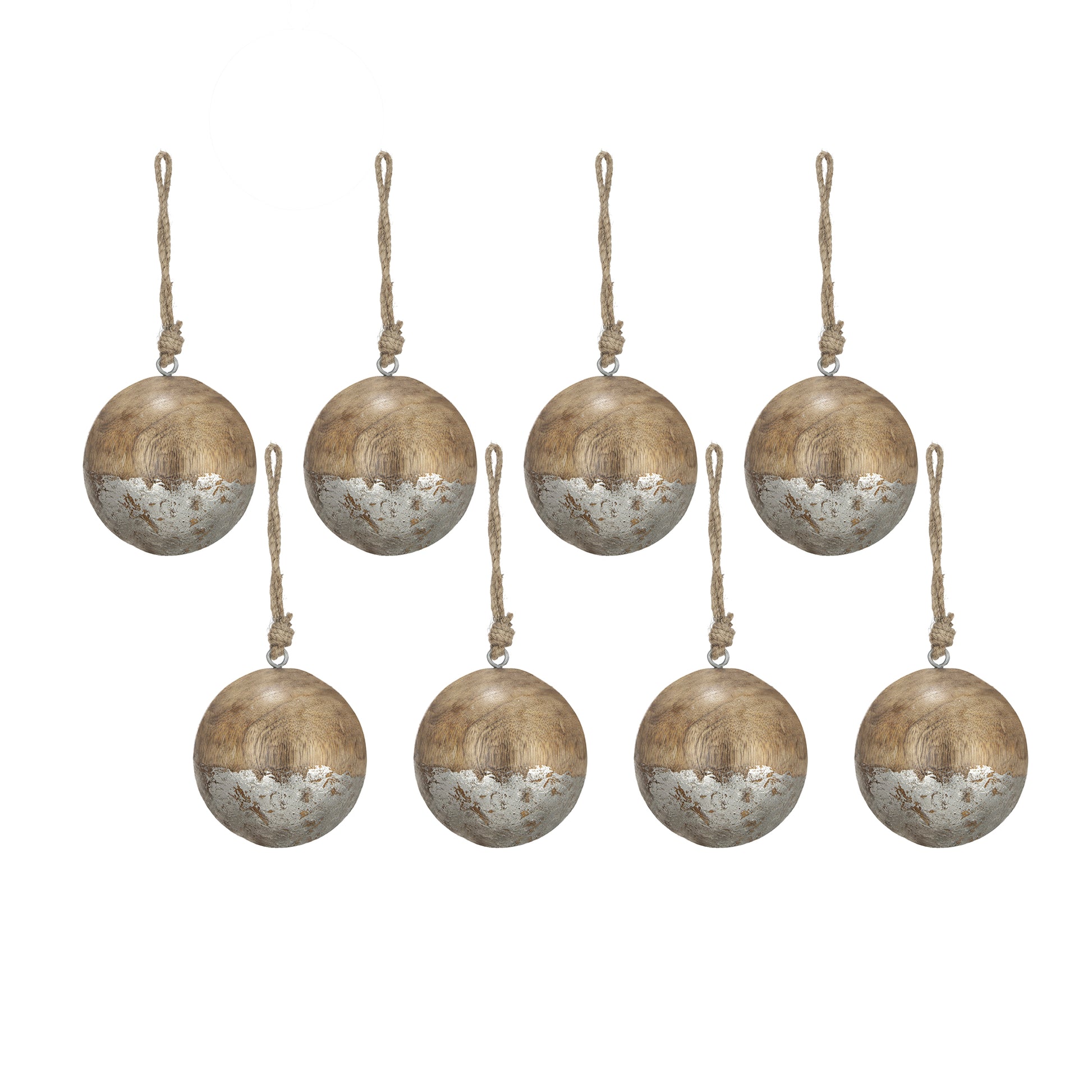 Set of eight rustic wooden ball ornaments with silver distressed finish and jute hangers