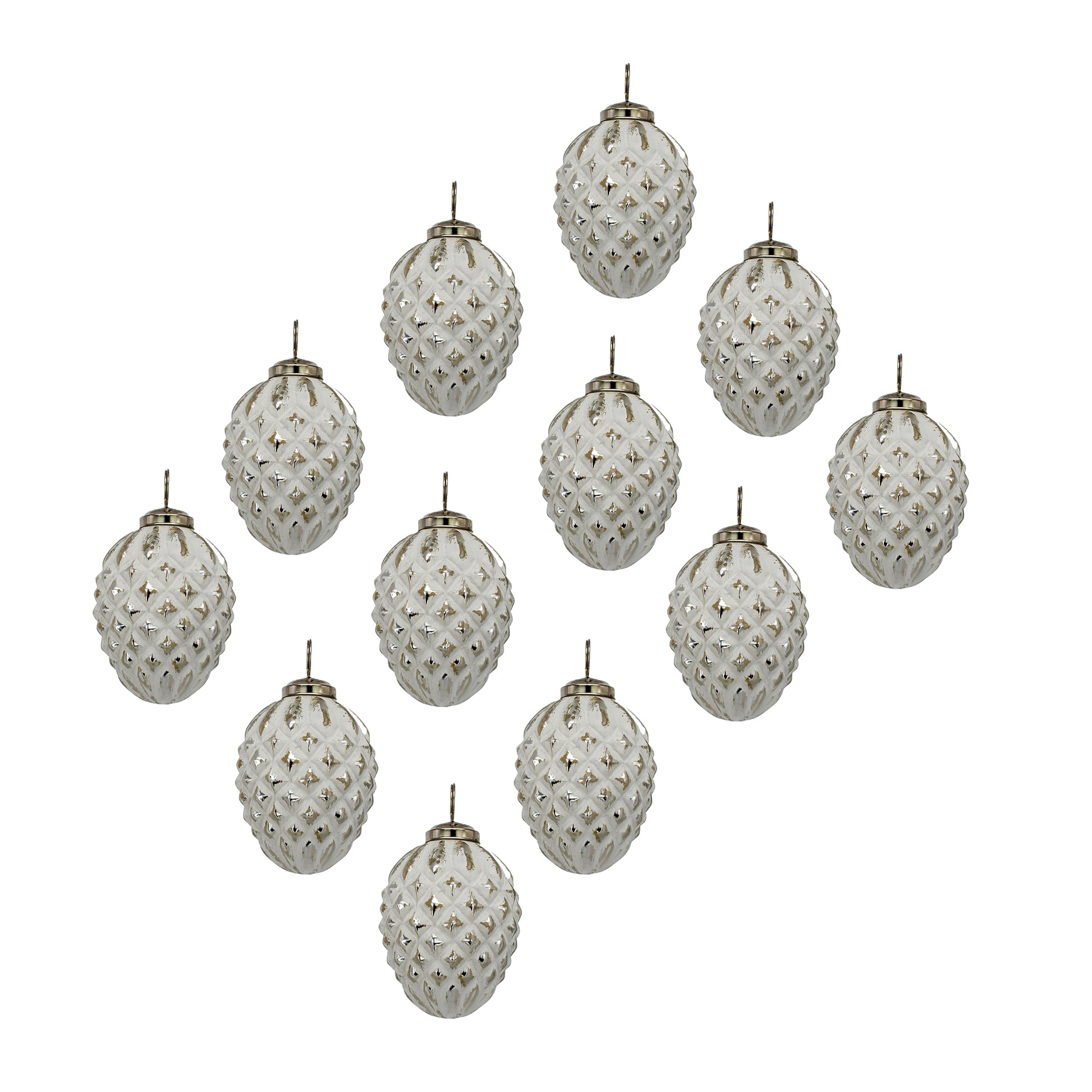 Set of  white textured pinecone Christmas ornaments with gold accents