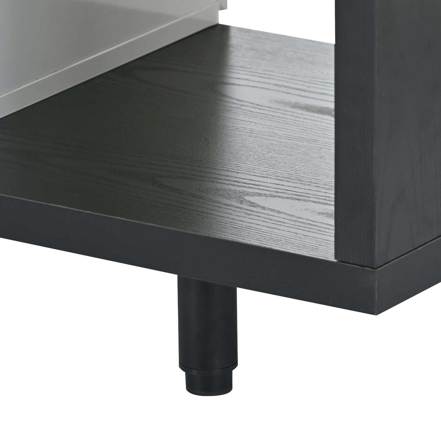 Black wood grain shelf with silver edge detail and cylindrical leg