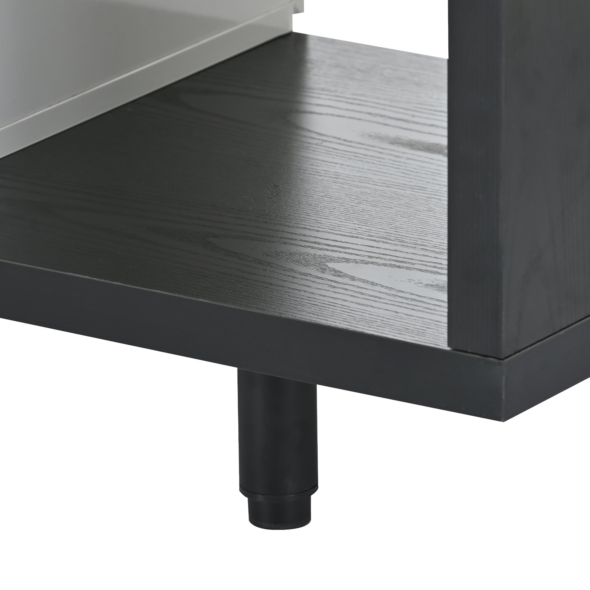 Black wood grain shelf with silver edge detail and cylindrical leg