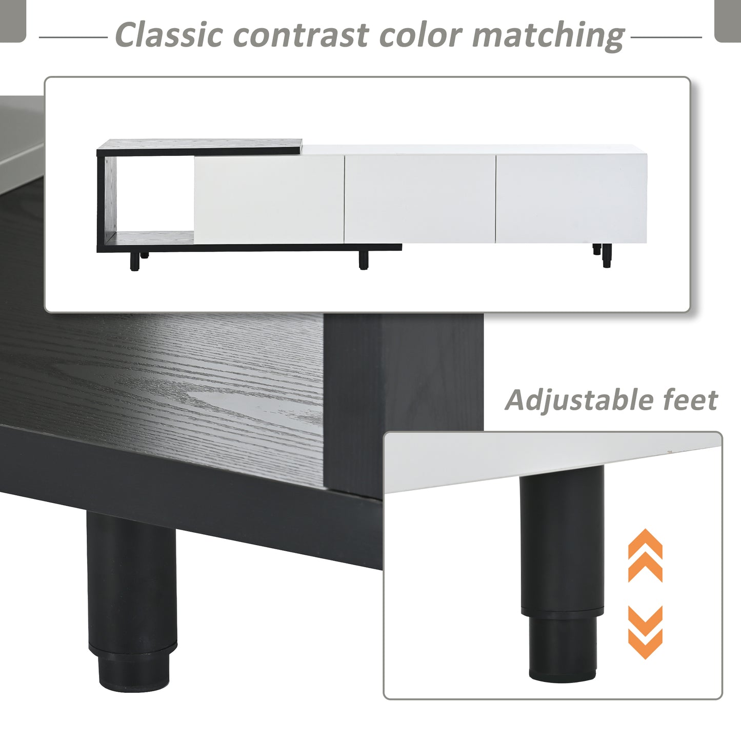 Black and white modern media console with open shelf and three drawers