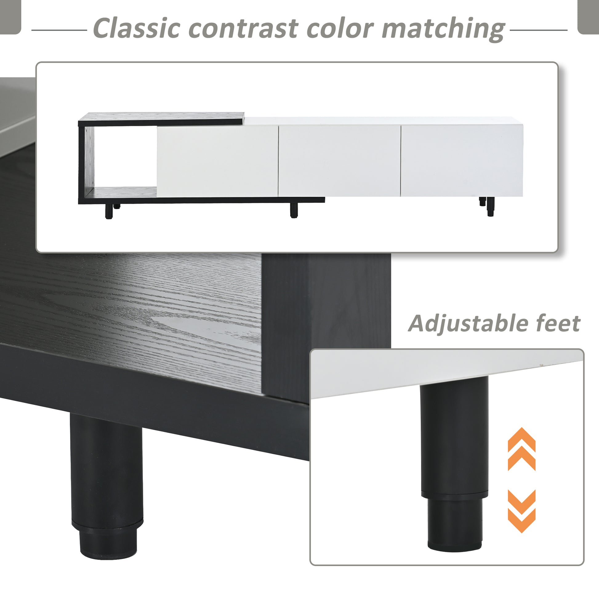 Black and white modern media console with open shelf and three drawers
