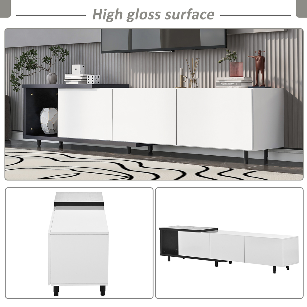 Modern white TV stand with black accents and highgloss finish