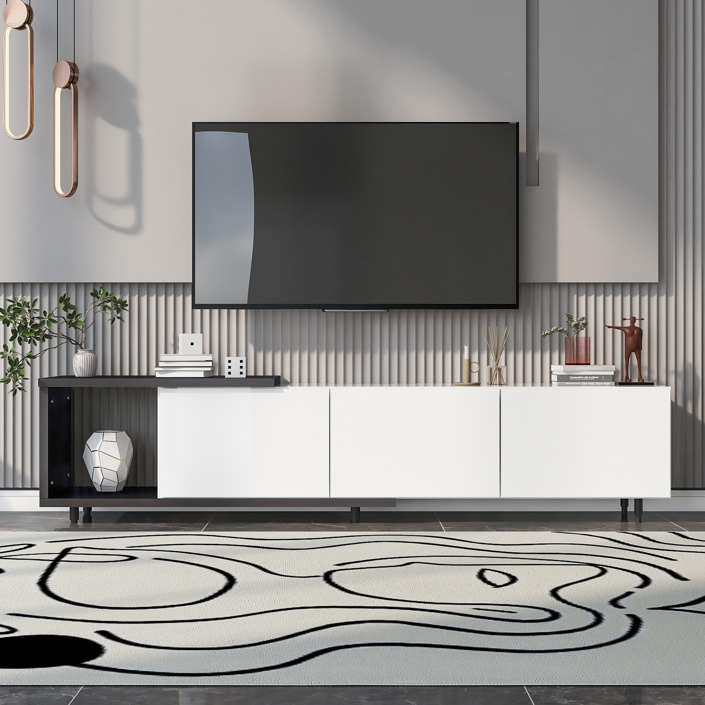 Modern white media console with dark wood accent