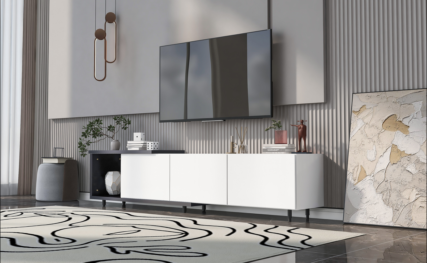 Modern white media console with black legs and open shelving