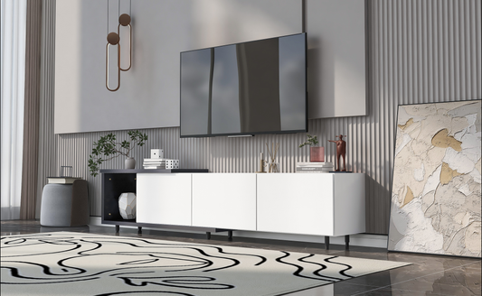 Modern white media console with black legs and open shelving