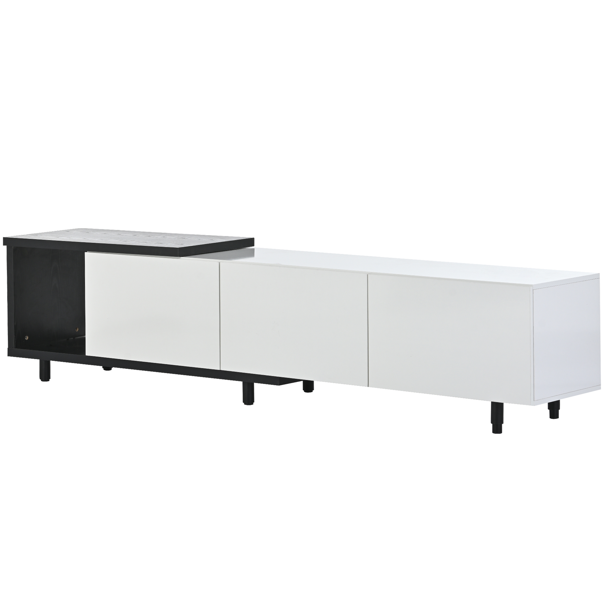 Modern white media console with black accents and marble top