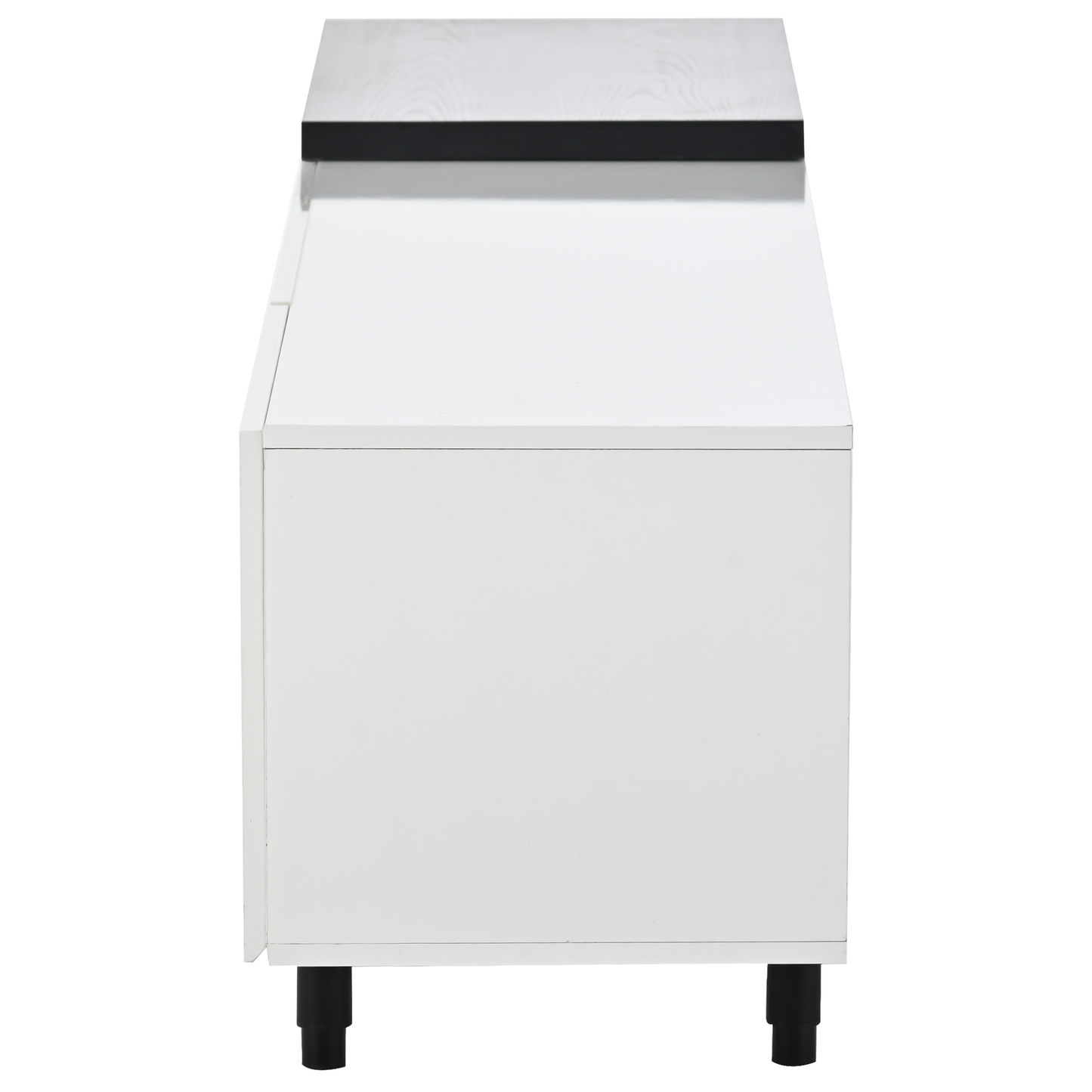 Modern white media console with a dark wood top and black legs ideal for living rooms
