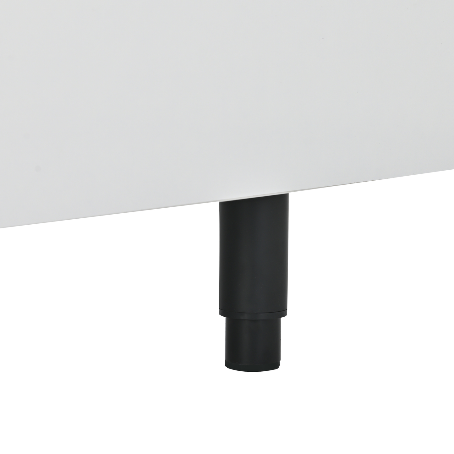White cabinet bottom with a single black cylindrical leg