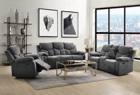 Dark gray reclining sofa set with plush cushions
