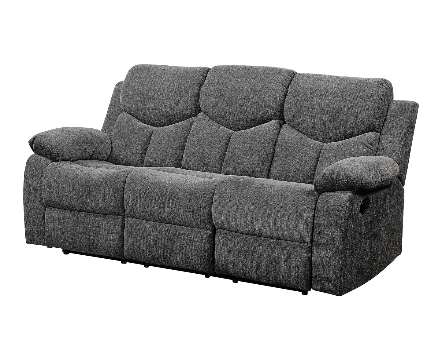 Dark gray fabric threeseater recliner sofa with plush cushions and padded armrests