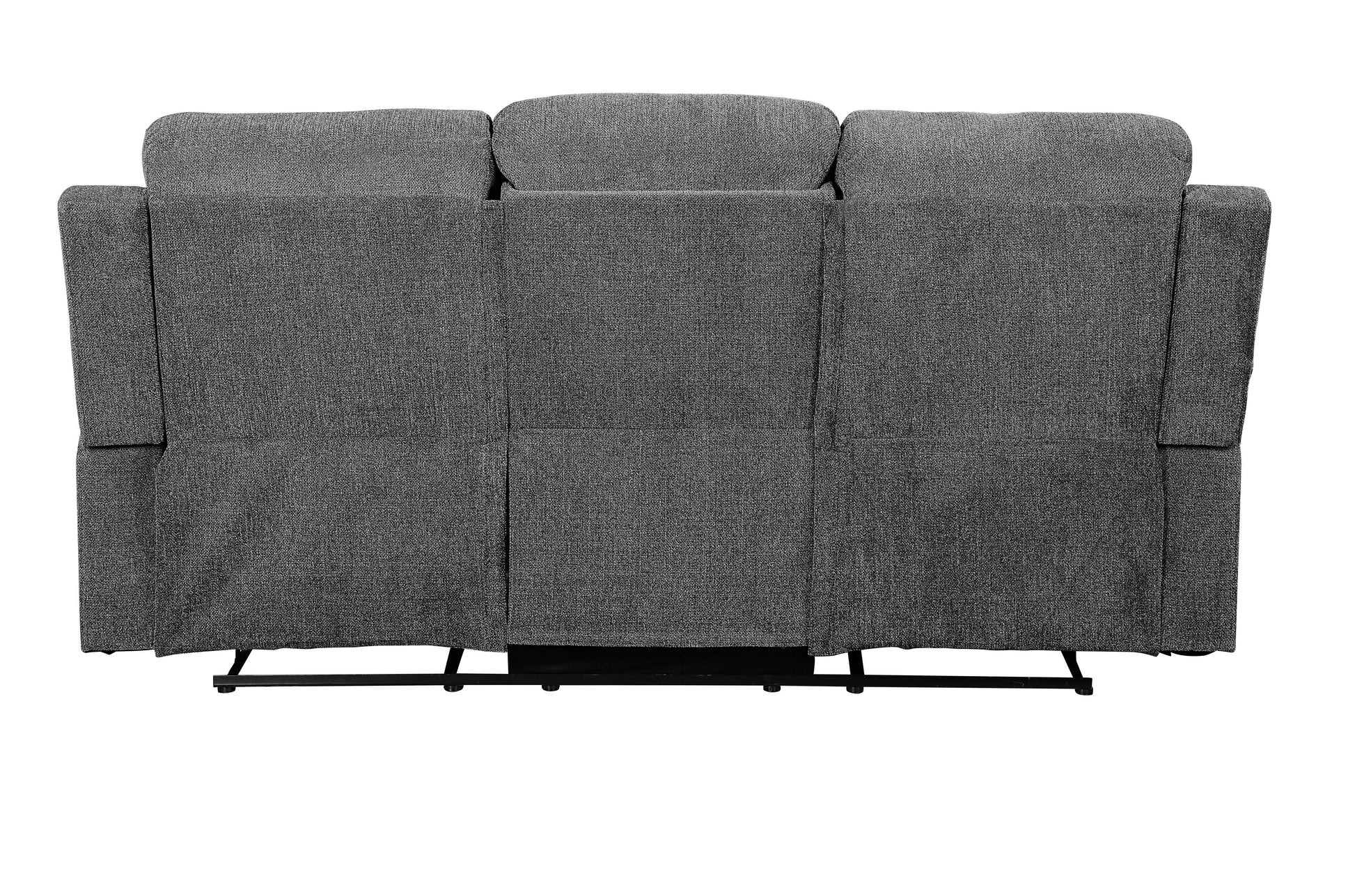 Back view of a charcoal gray fabric threeseat reclining sofa