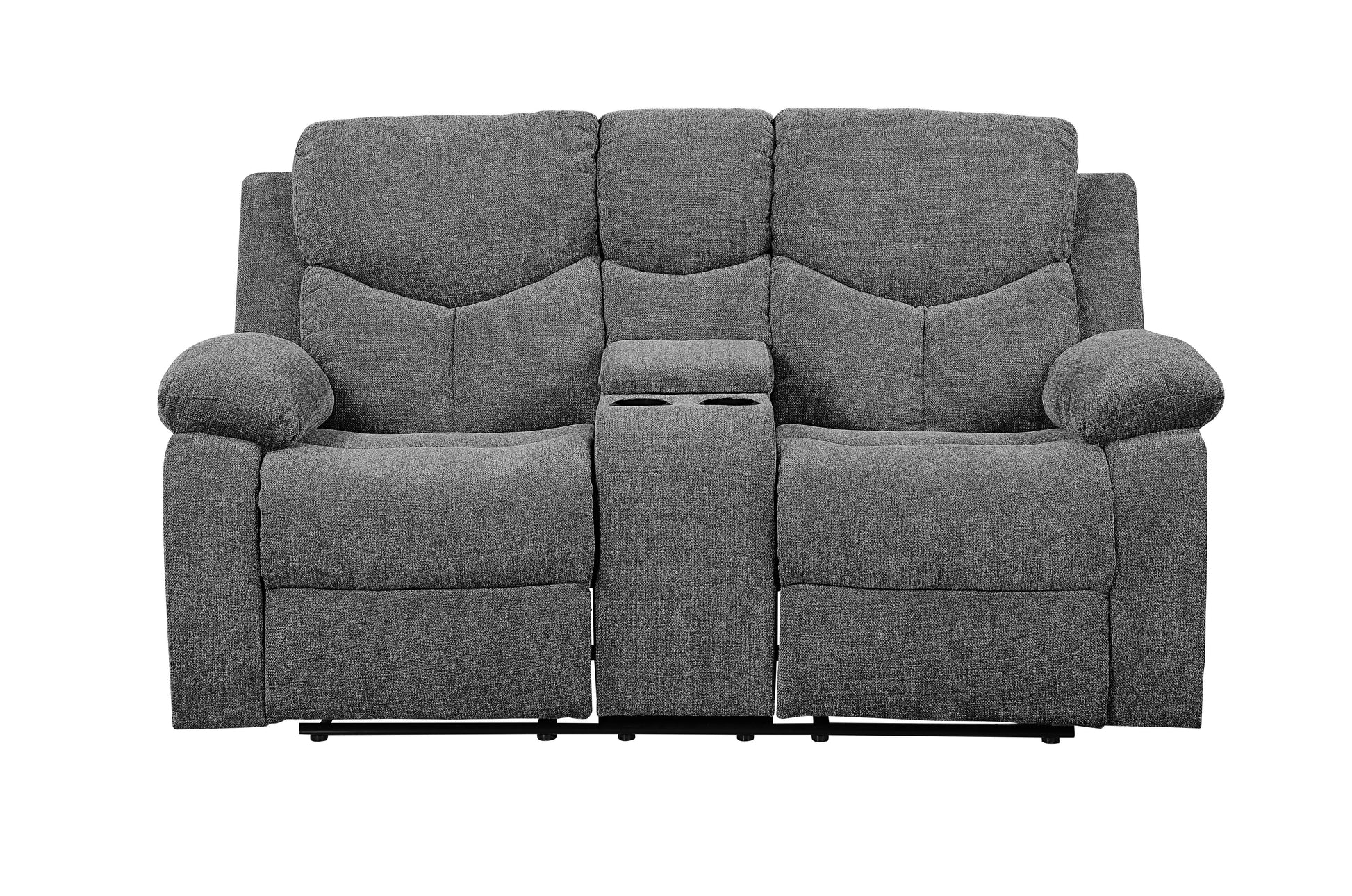 Gray fabric loveseat recliner with cup holders