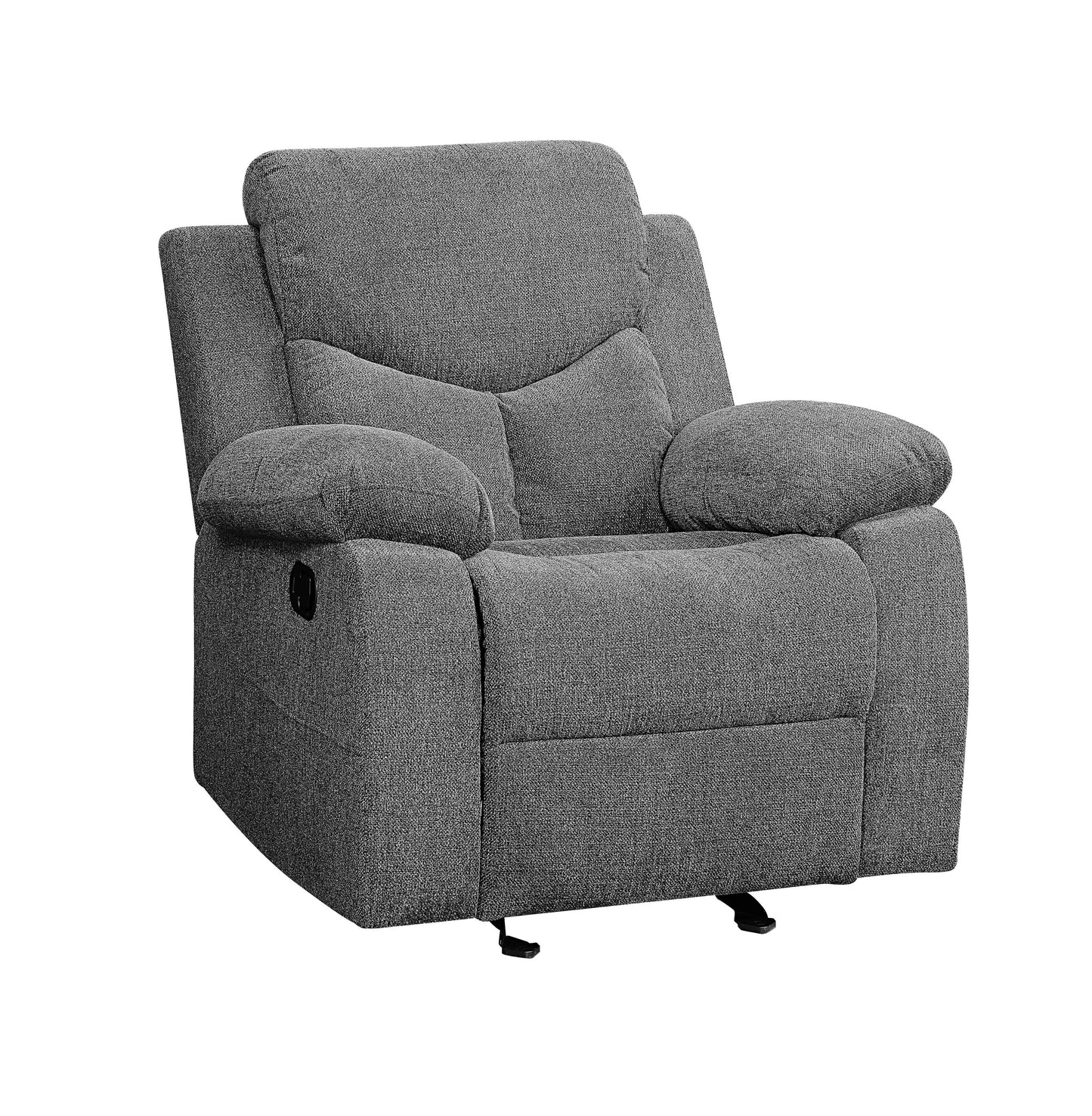 Gray fabric recliner chair with padded arms and headrest