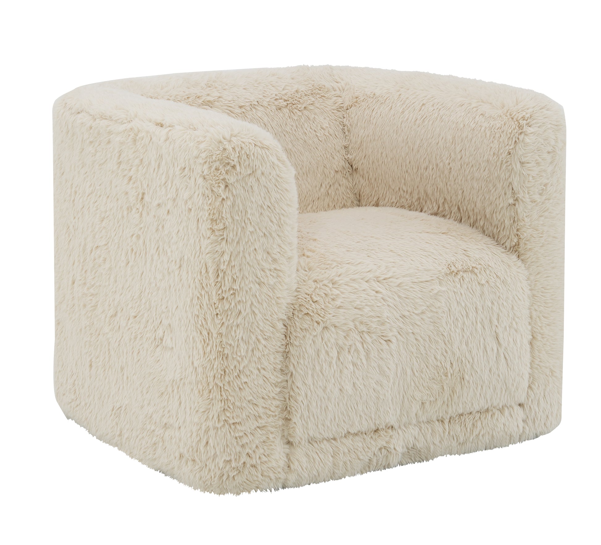Creamy white plush swivel accent chair with rounded arms and deep seat