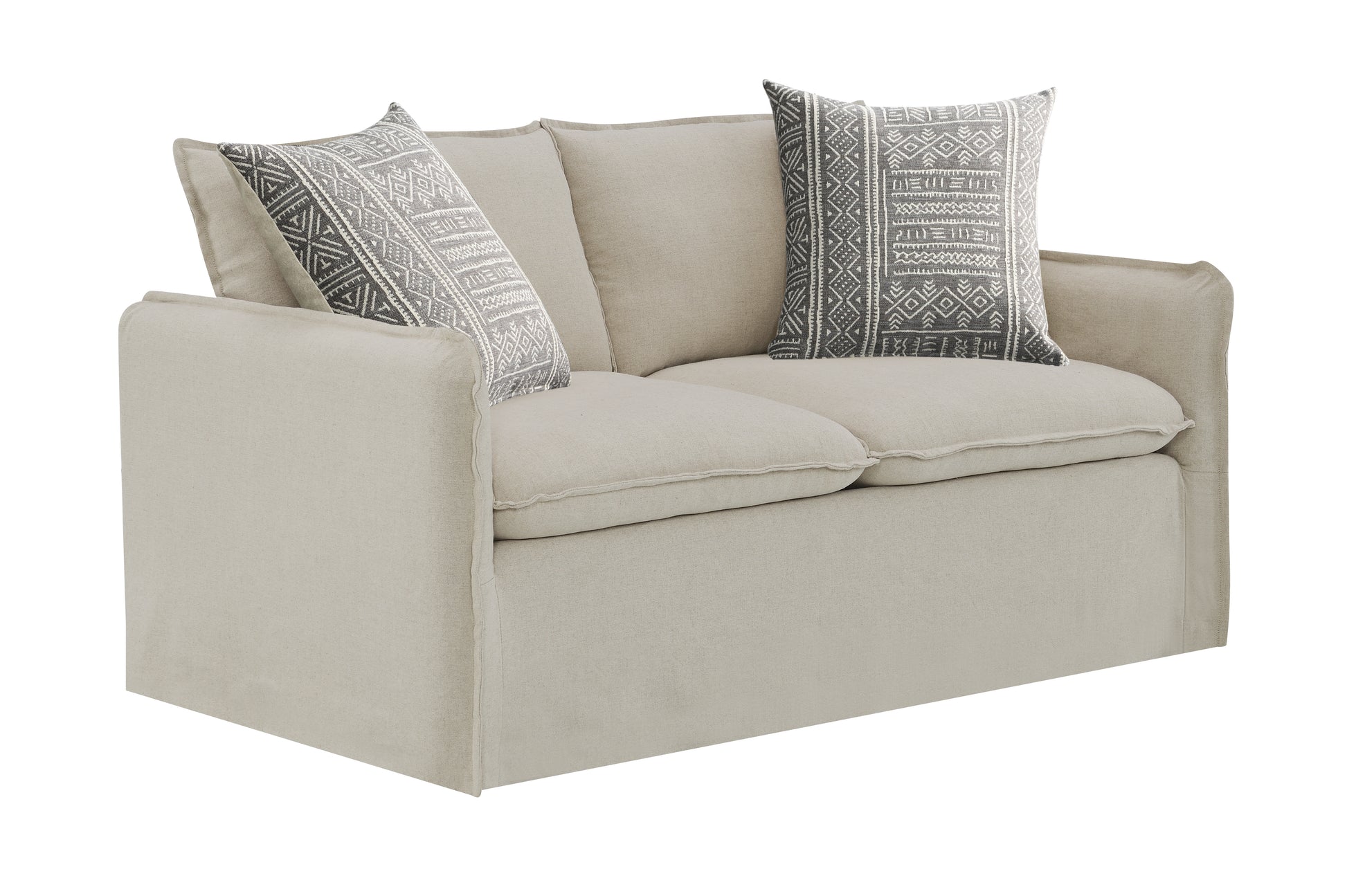 Cream linen loveseat with tribal pattern throw pillows