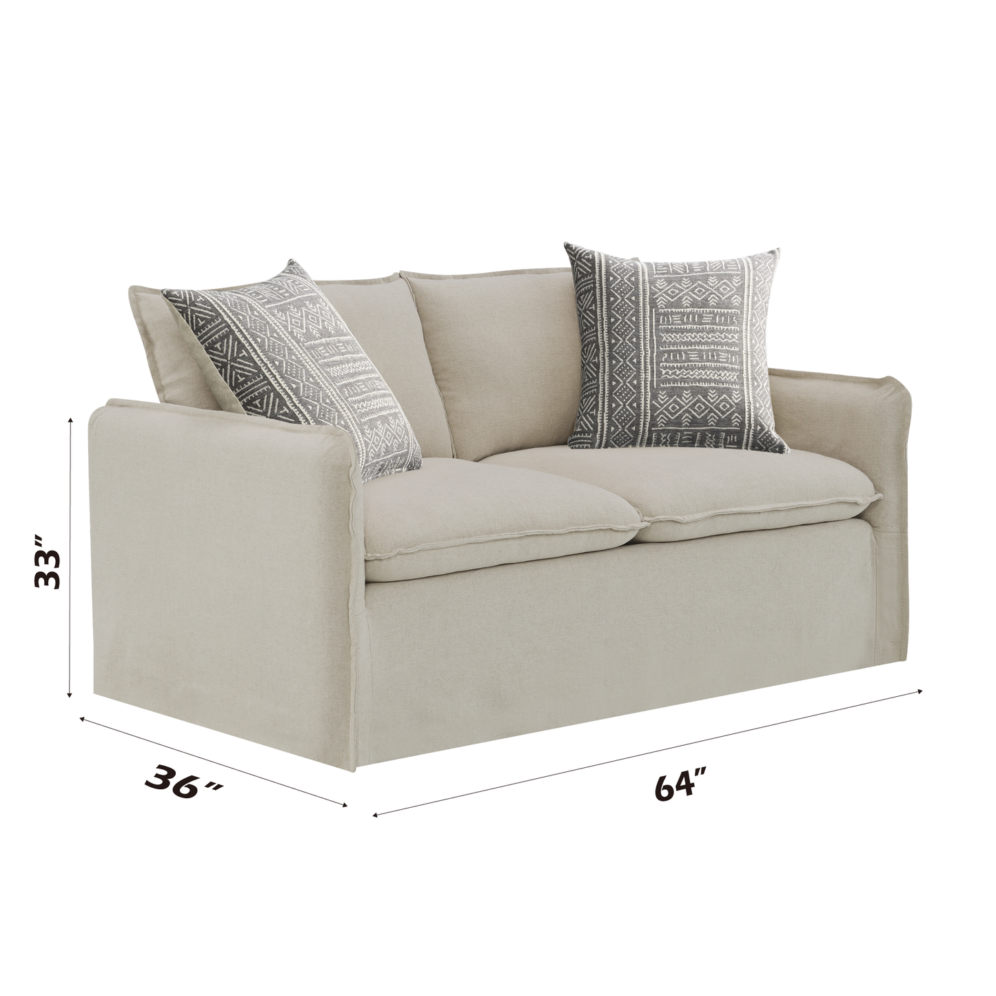 Beige linen sofa with geometric pattern throw pillows  W