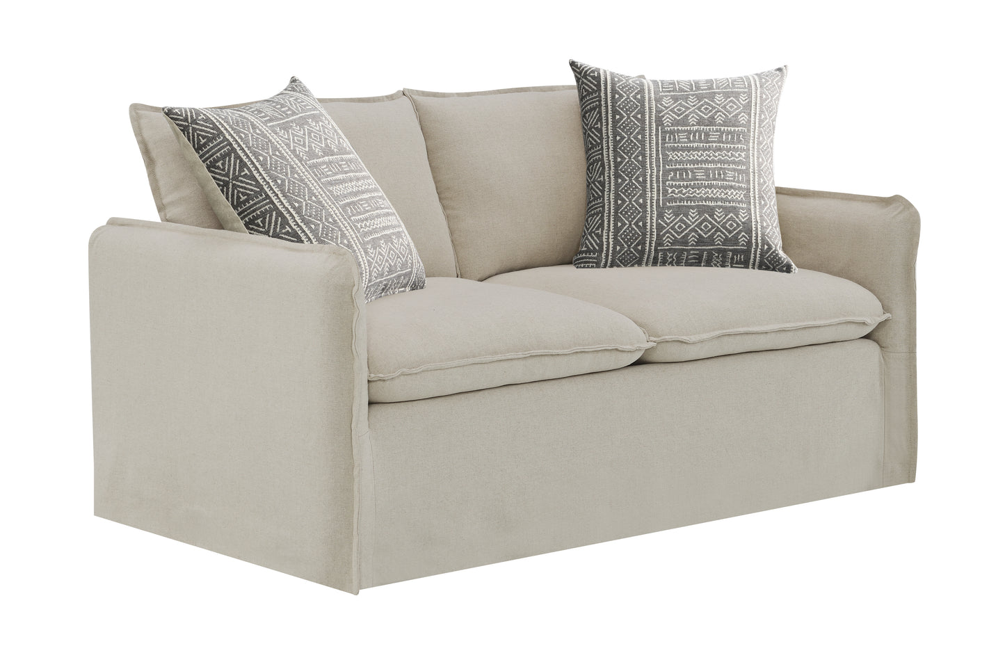 Light beige linen loveseat sofa with two geometric pattern decorative pillows