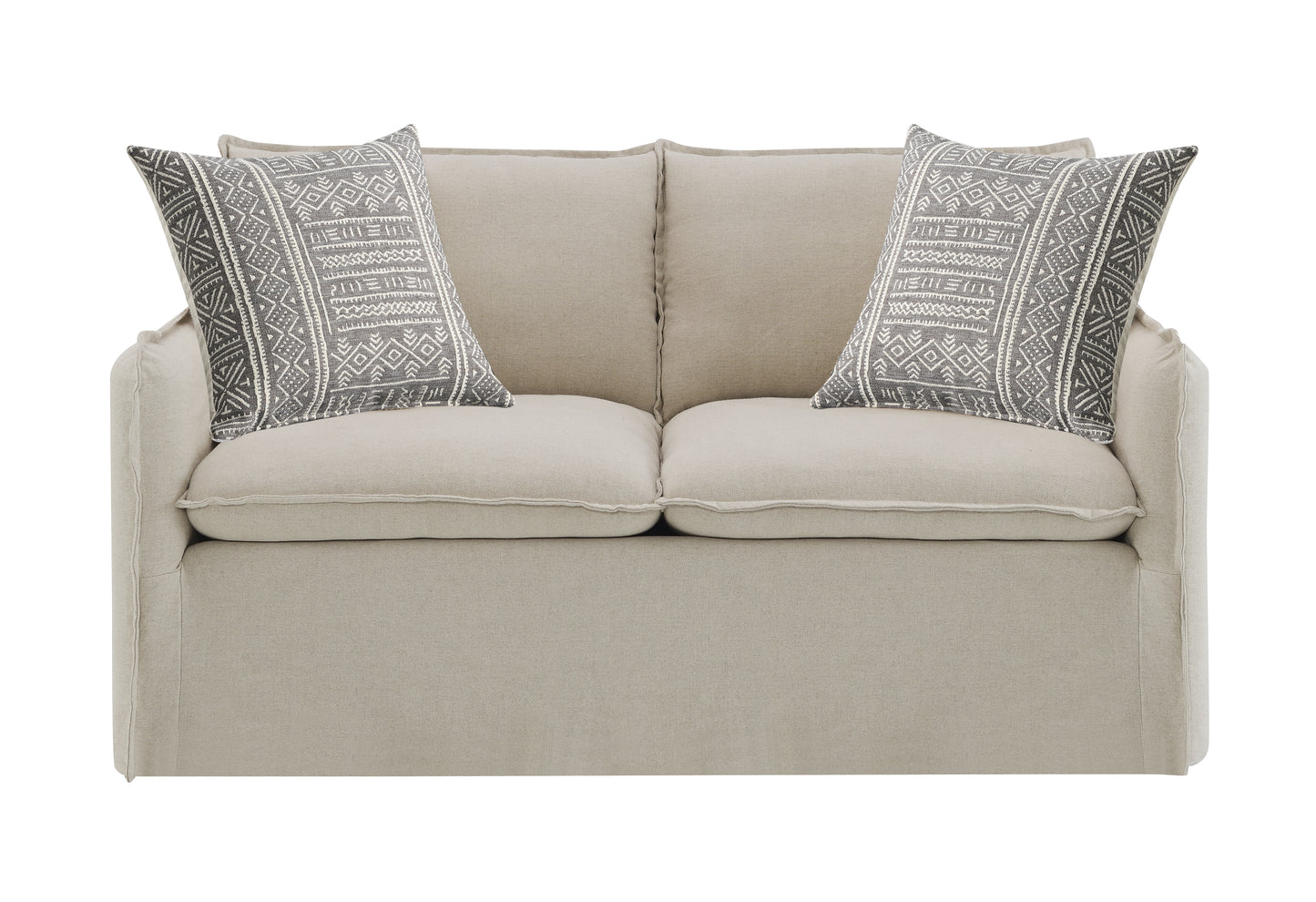 Neutral linen loveseat with two grey patterned throw pillows
