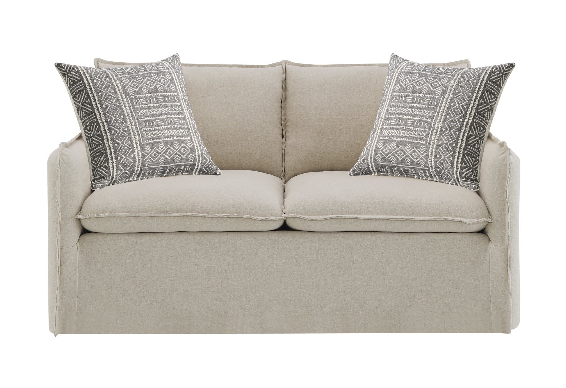 Neutral linen loveseat with two grey patterned throw pillows