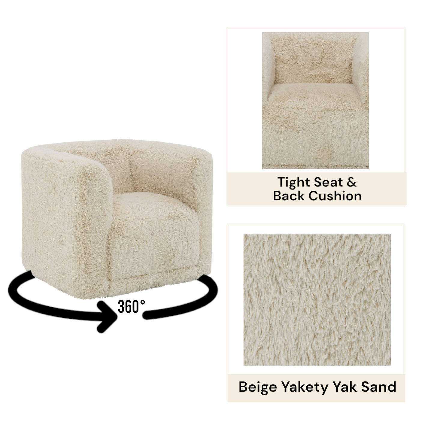 Fluffy beige accent chair with rounded arms and seat cushion