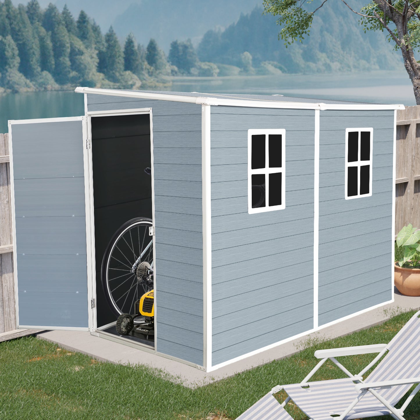 Gray resin storage shed with open door revealing a bicycle