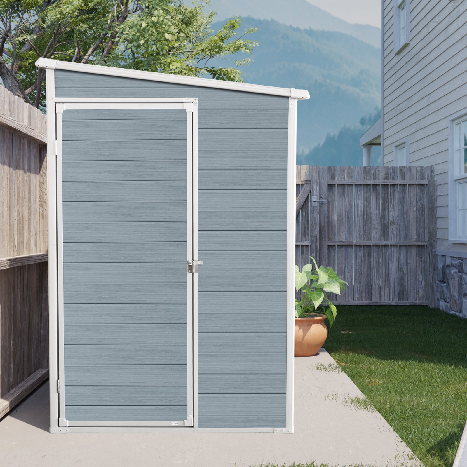 Slopedroof grey storage shed with double doors