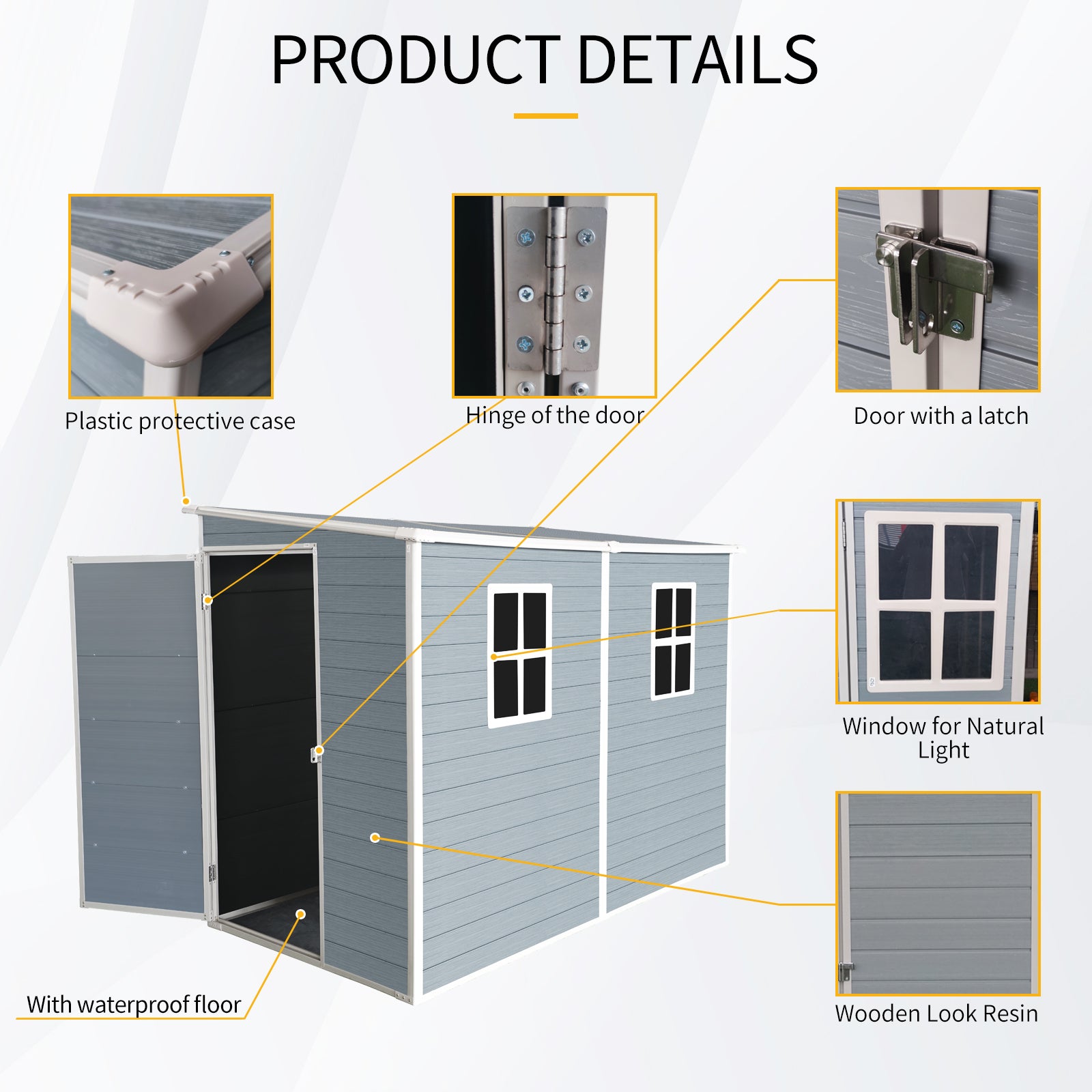 Gray resin storage shed with dual doors and two windows