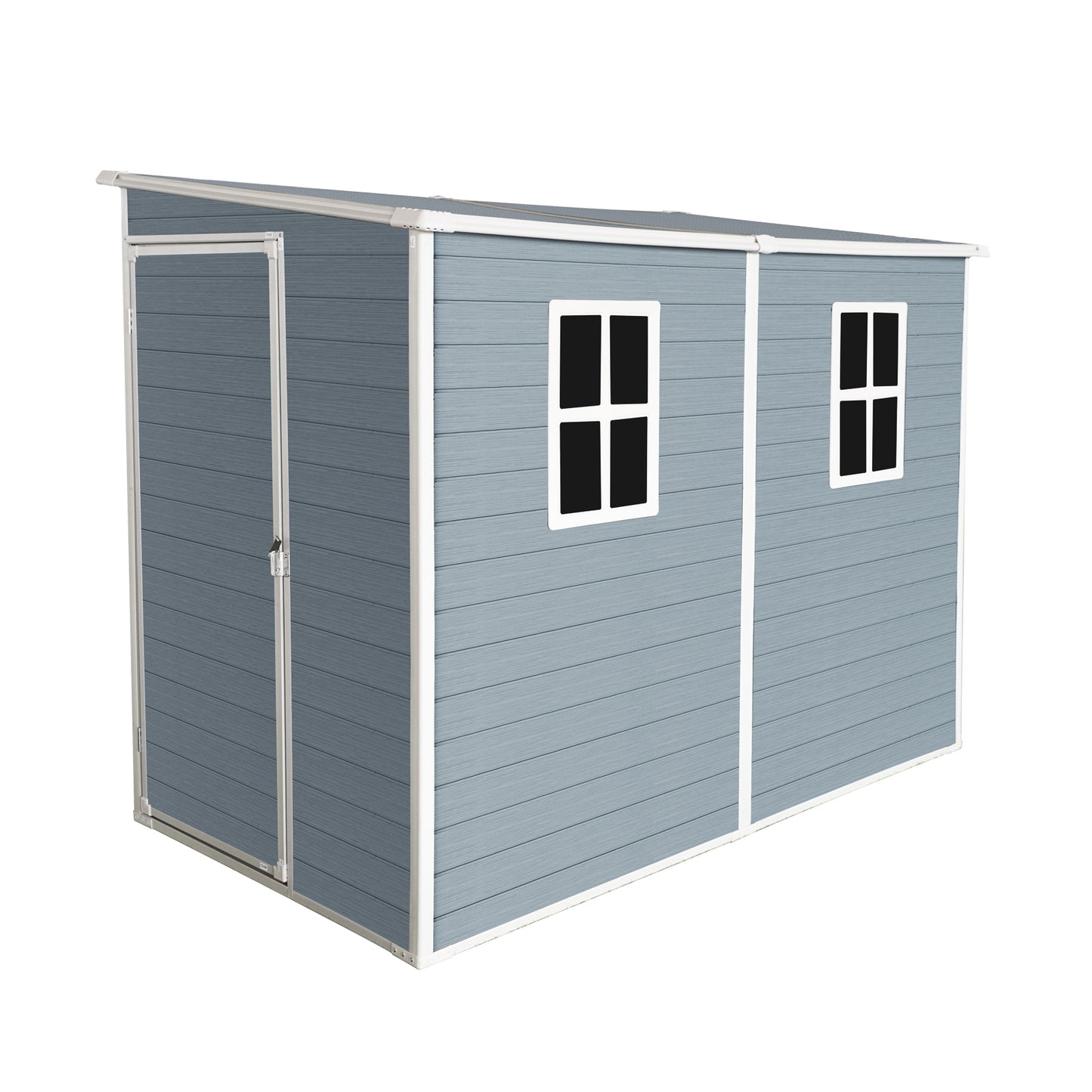 Blue horizontal siding shed with two windows and a single door for garden storage