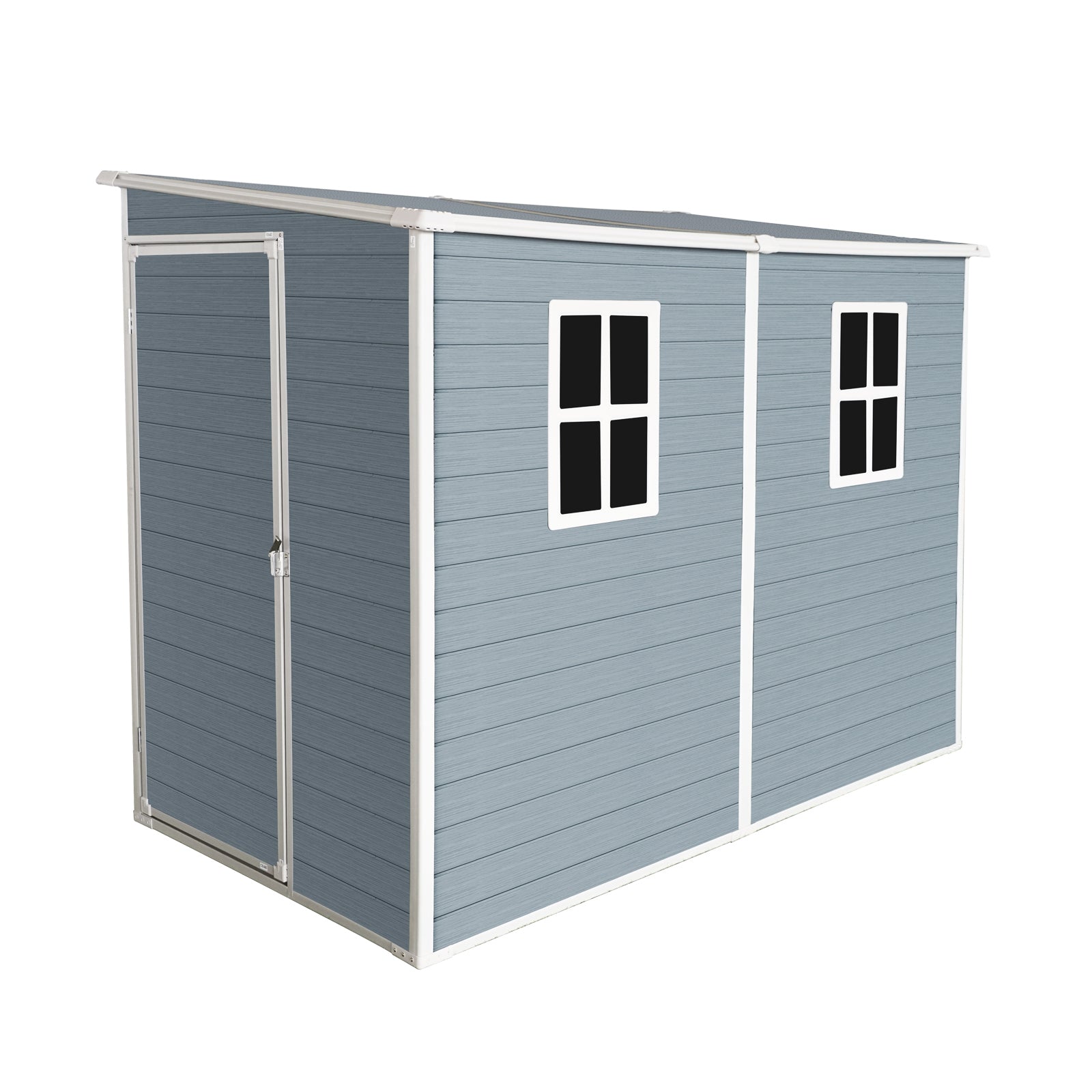 Blue horizontal siding shed with two windows and a single door for garden storage