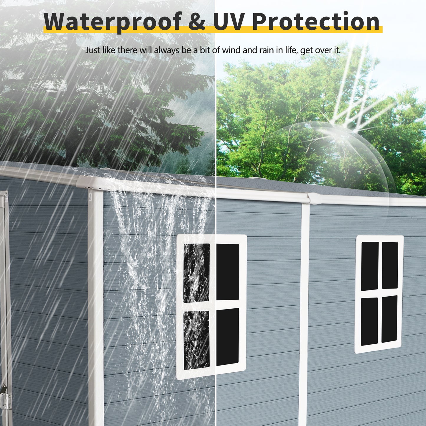 Gray shed side panel showing rain protection