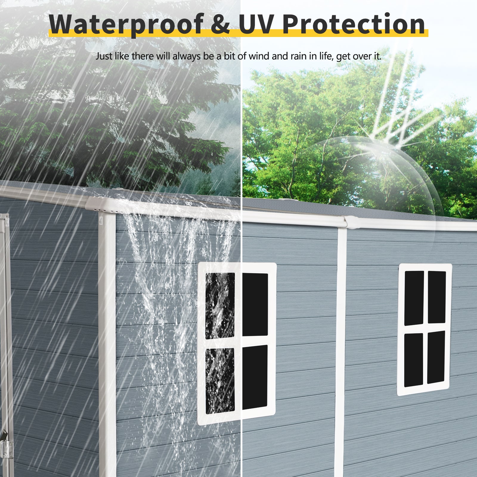 Gray shed side panel showing rain protection