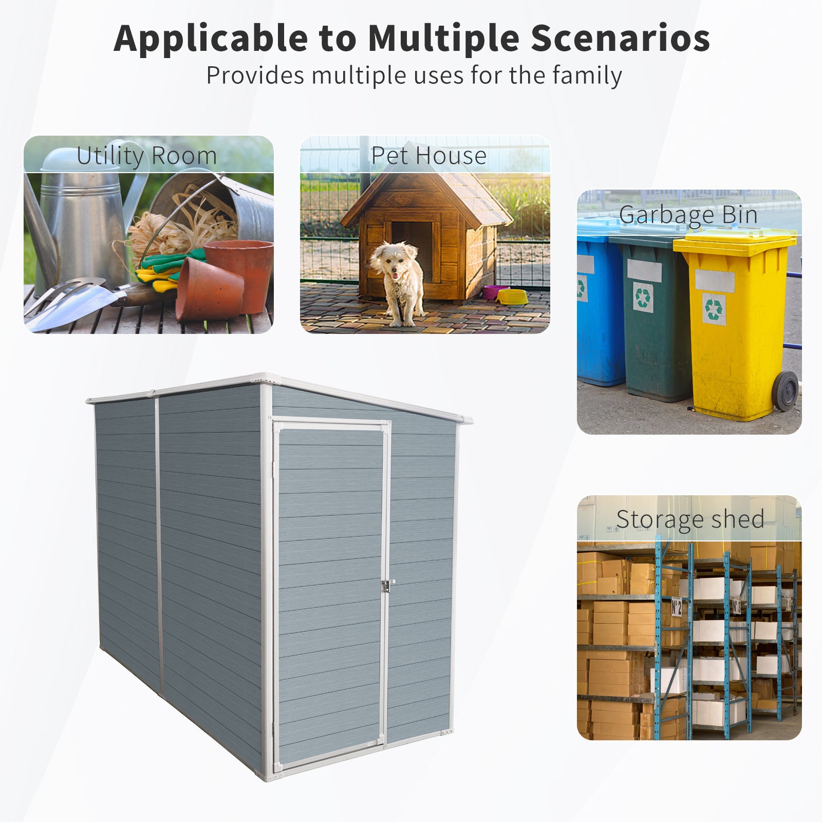 Grey vinyl storage shed with double doors and white trim for outdoor organization