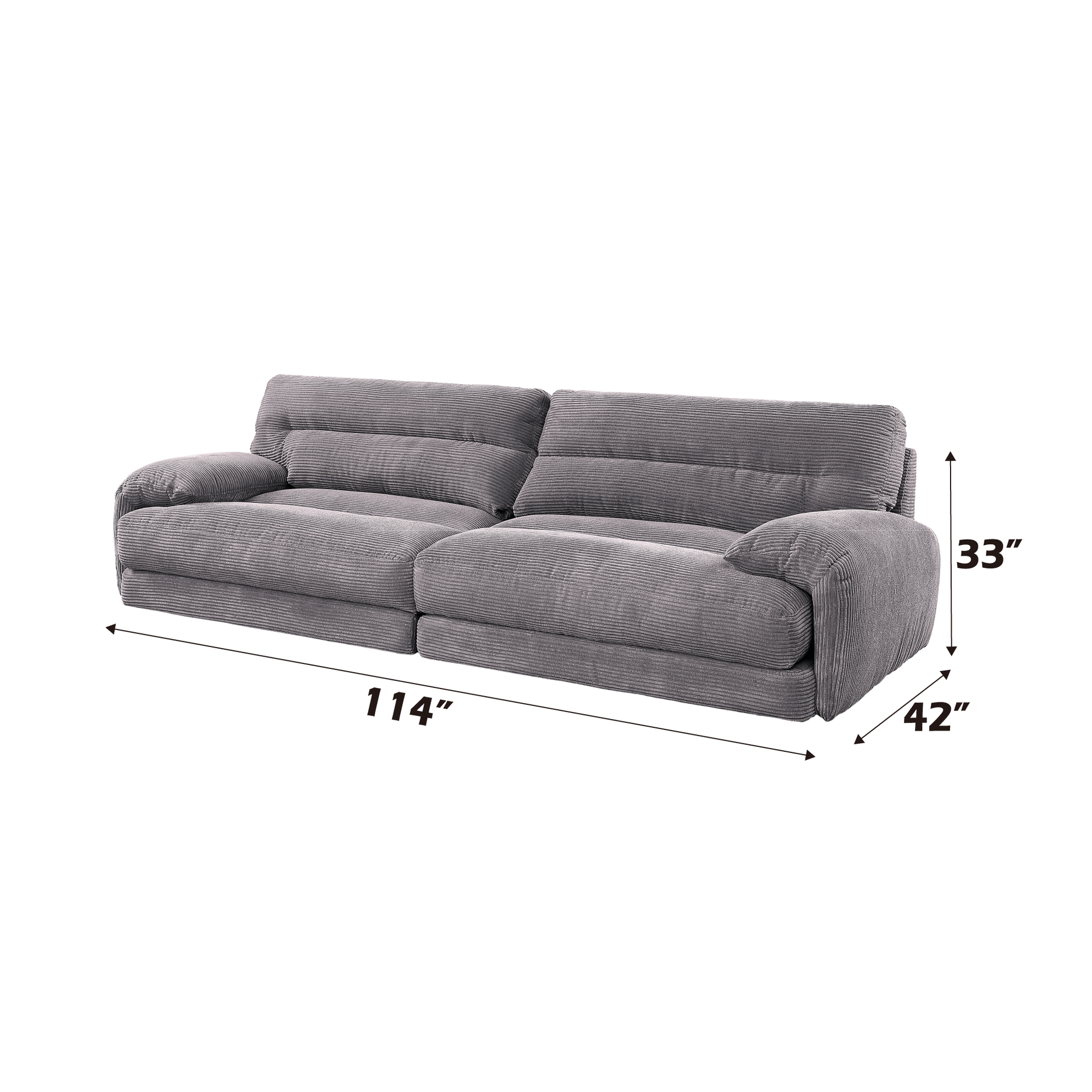 Gray corduroy reclining sofa with dimensions  L x  D x  H