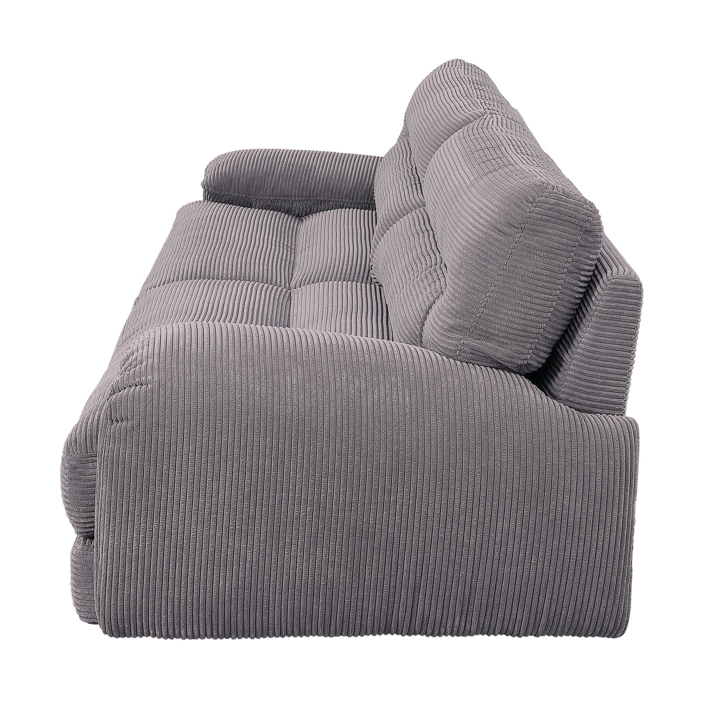 Plush grey corduroy sofa with deep tufted cushions