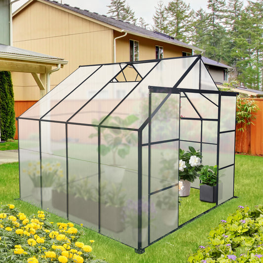 Walkin polycarbonate greenhouse with black frame in backyard