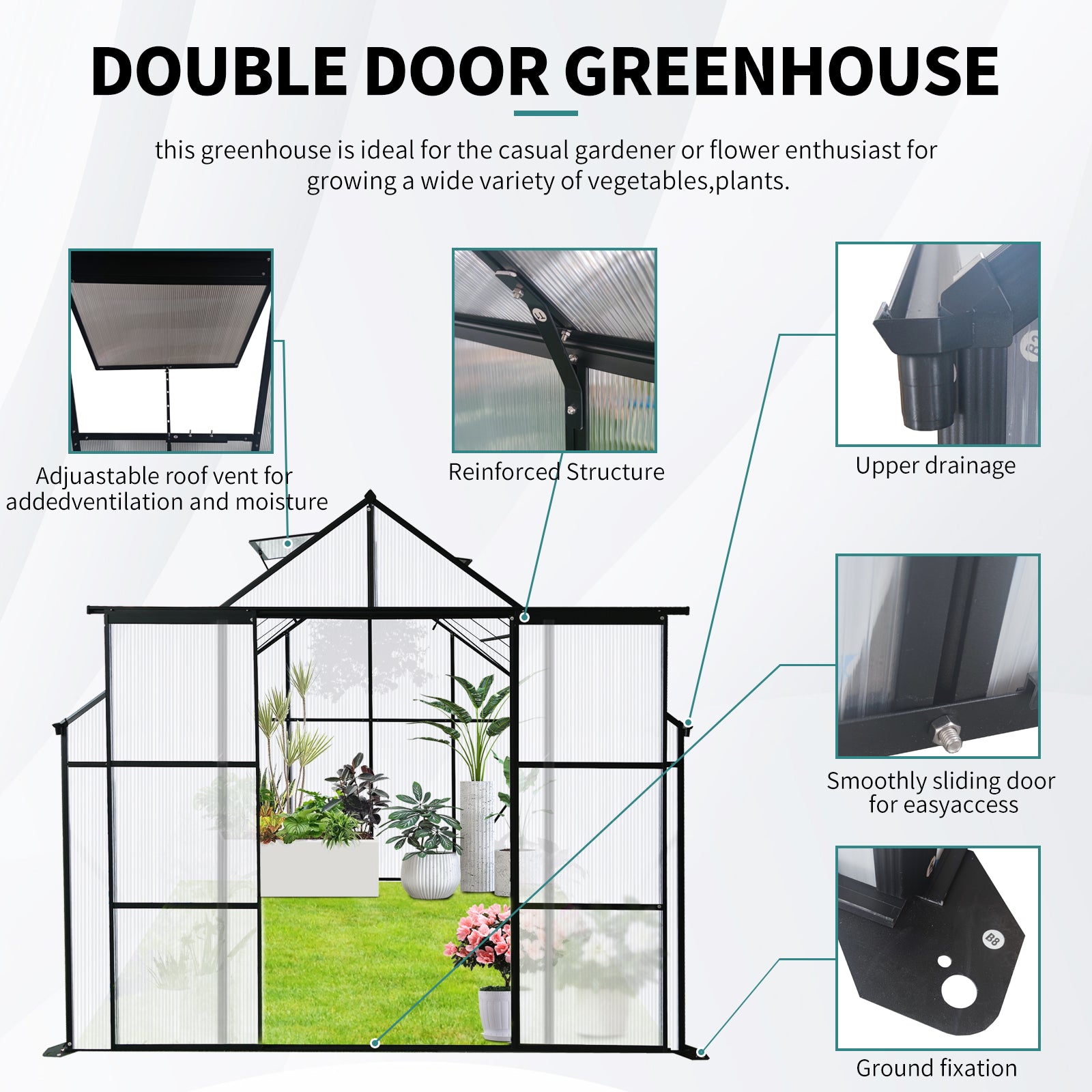Double door greenhouse with adjustable roof vent for garden enthusiasts