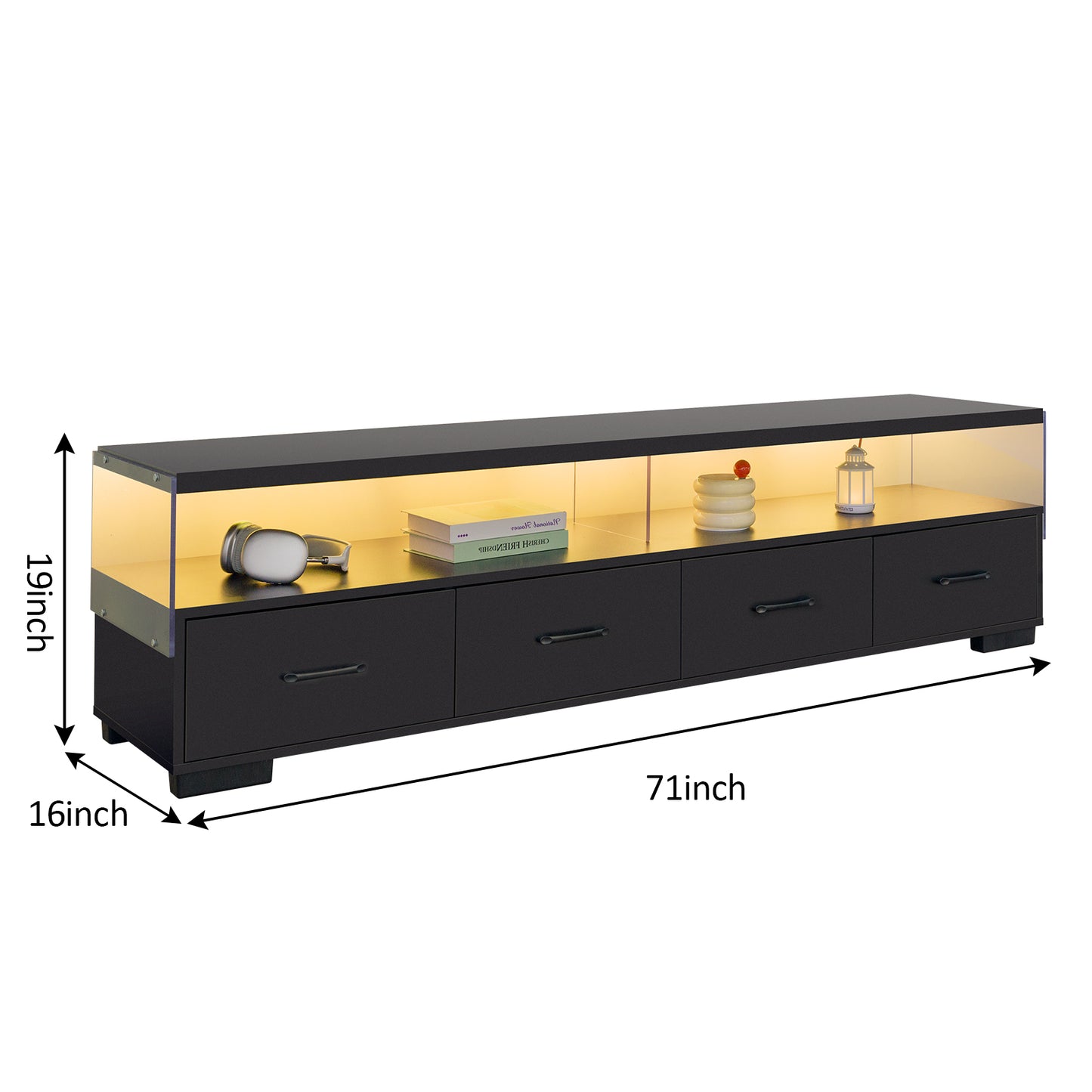 Black media console with four drawers and illuminated glass top shelf