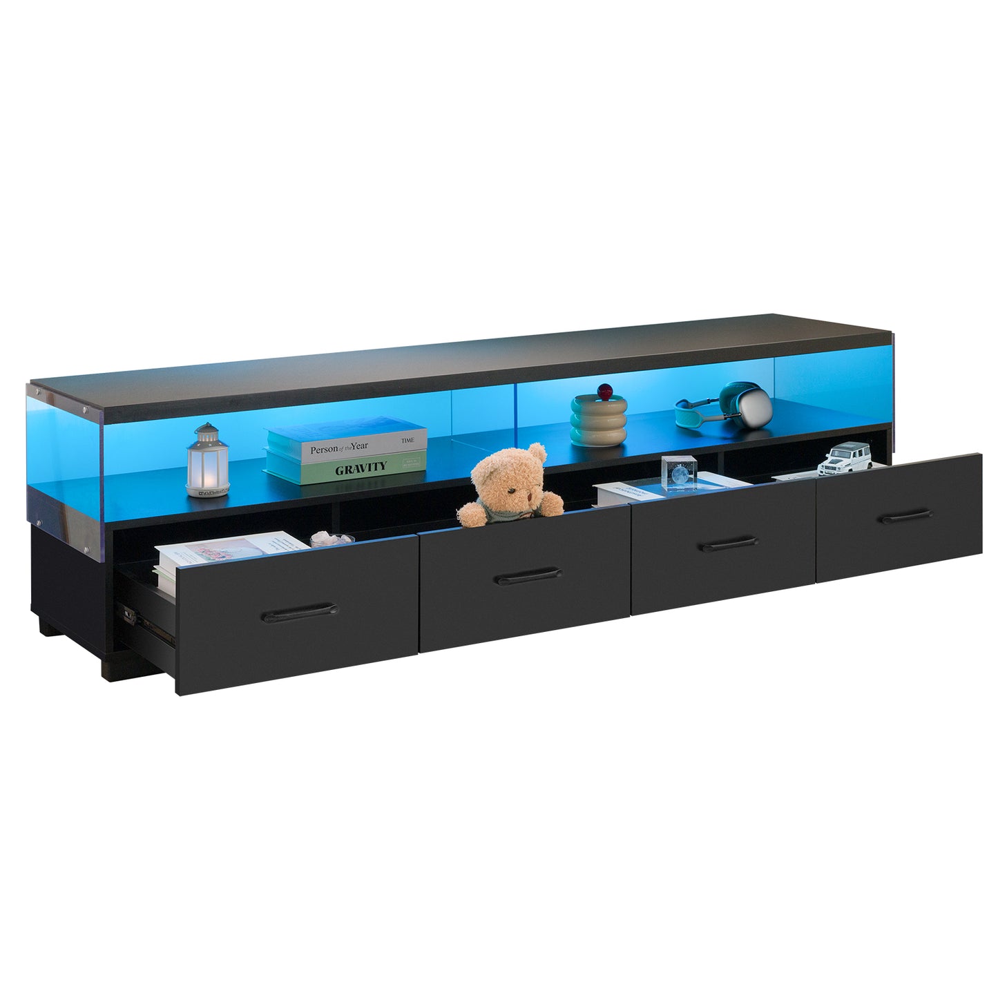 Black media console with blue LED lights and four drawers