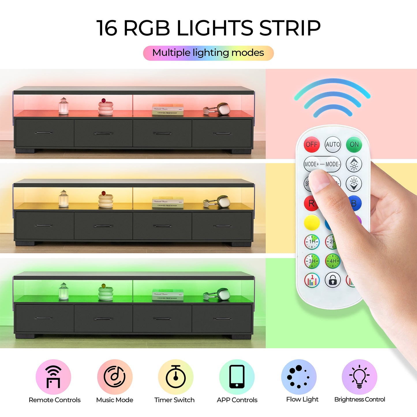 Black TV stand with red RGB light strip on display
