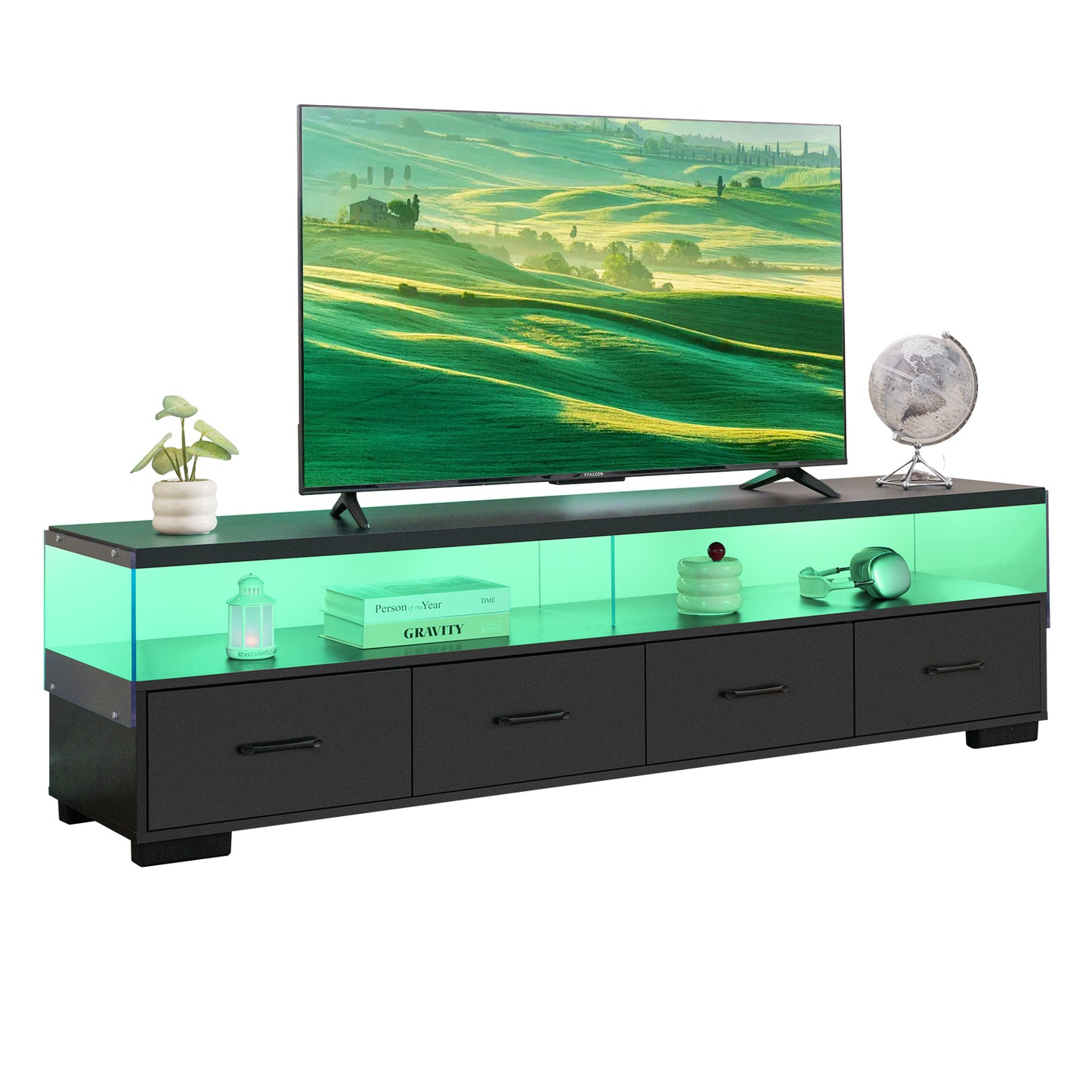 Modern black TV stand with LED lighting and ample drawer storage