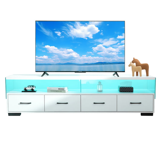 White LED TV stand with four drawers and open shelving