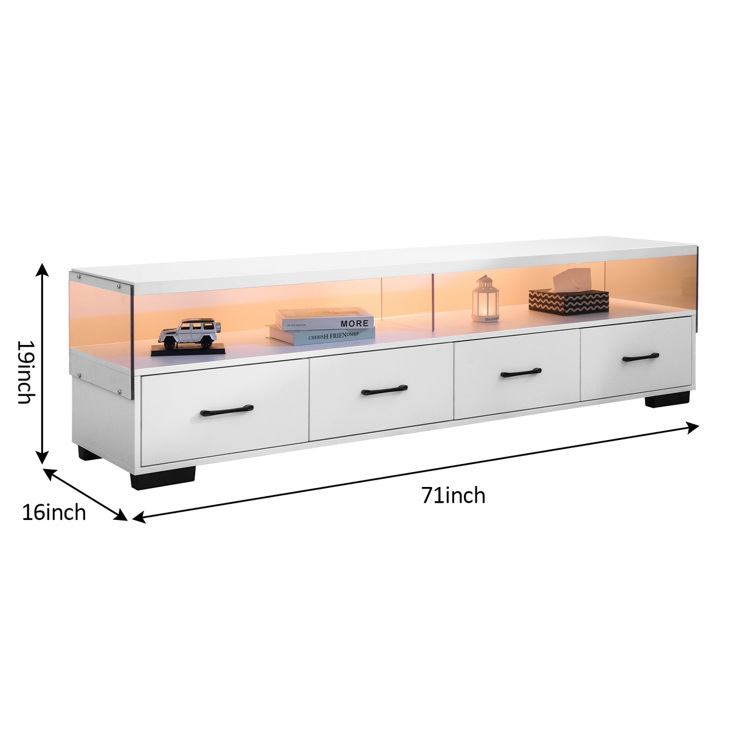 White modern TV stand with four drawers and LED lighting