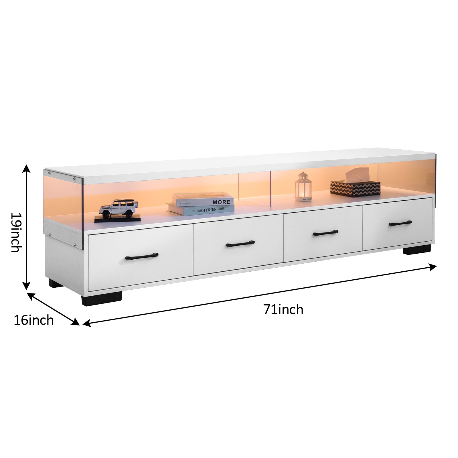 White modern TV stand with four drawers and LED lighting