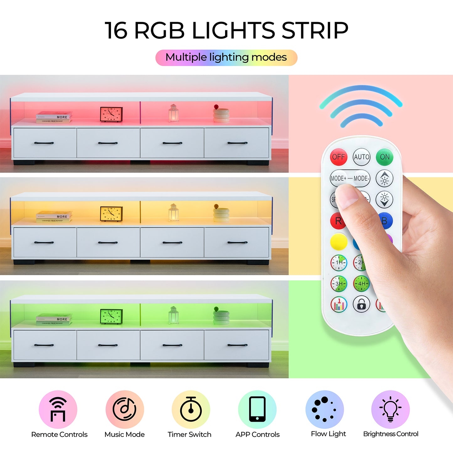 Modern white TV stand with customizable RGB lighting