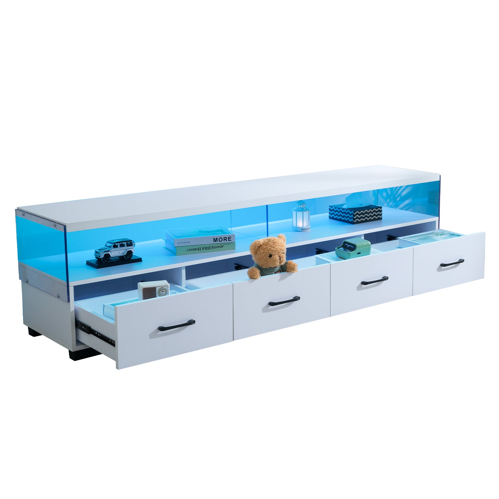 White LED entertainment center with blue glass accents