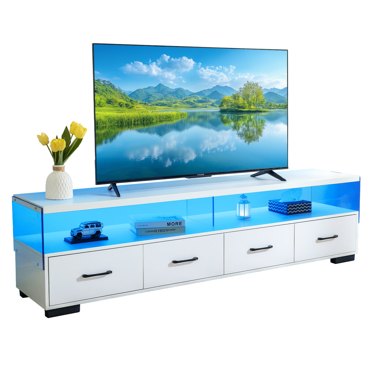 White LED TV stand with tempered glass accents and four drawers