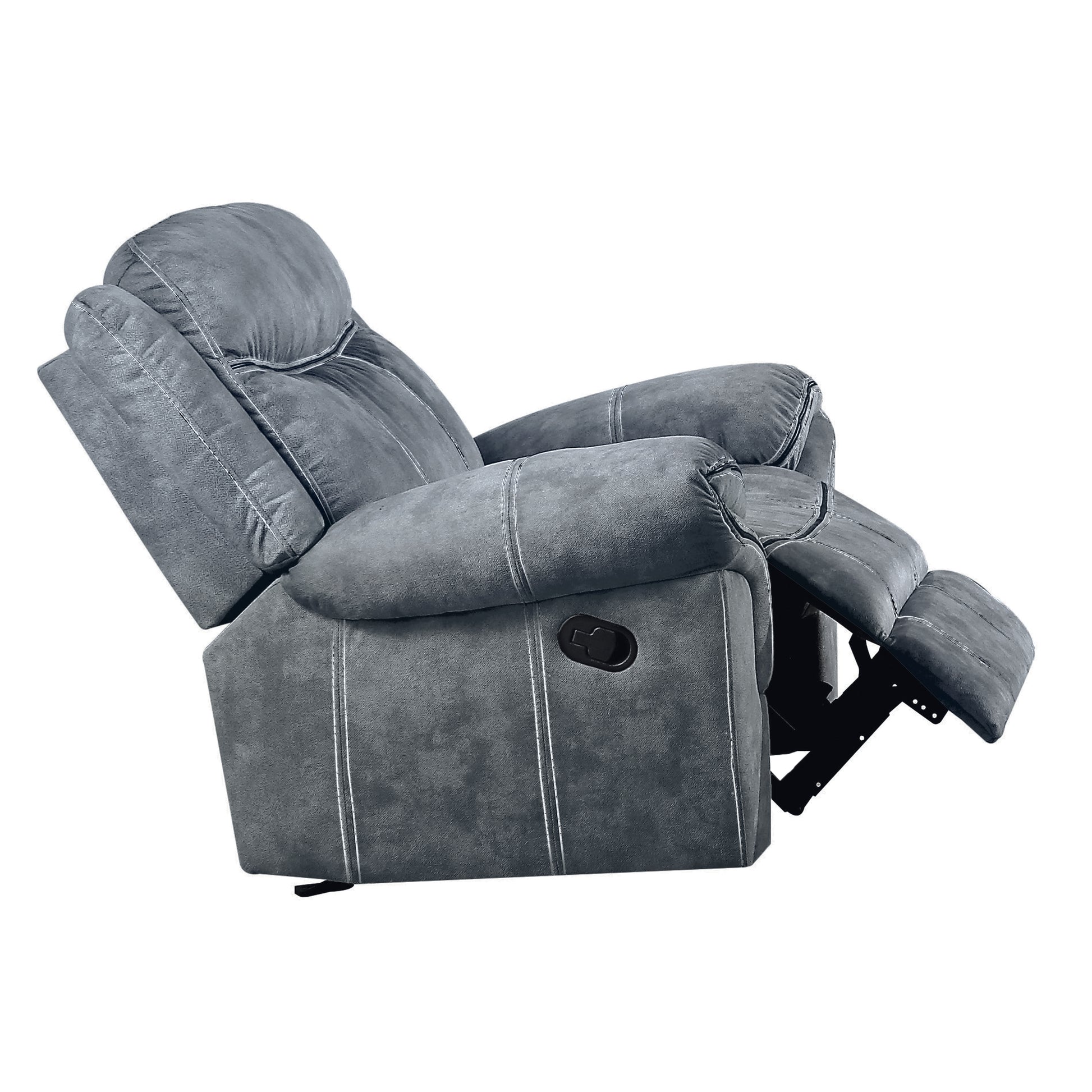 Gray upholstered recliner chair with extended footrest and lever